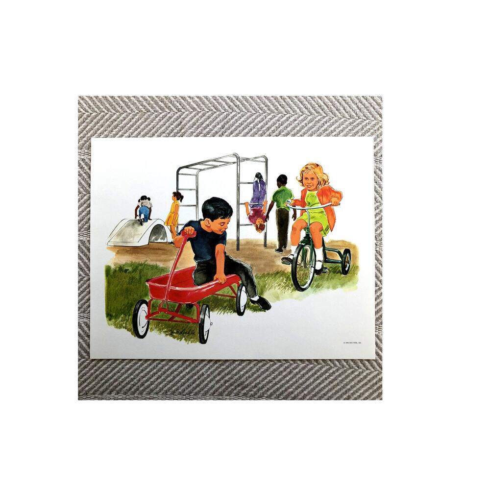 VTG 1966 Print Teaching Picture Mid Century DCC Pub Co Playground fun Wagon Bike